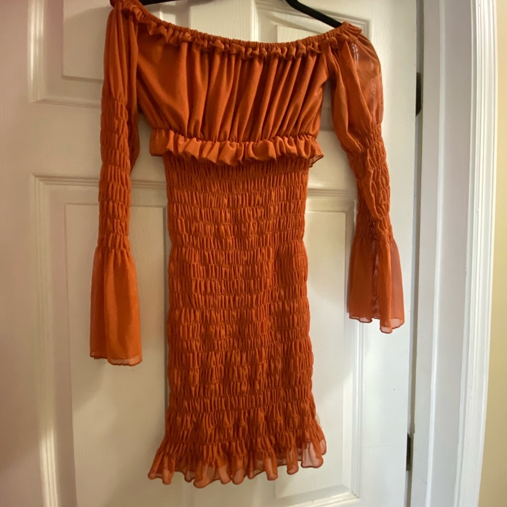 Orange Off-Shoulder Bodycon Dress with Bell Sleeves